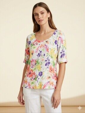 Lauren Ralph Lauren 100% Linen Floral Slub Knit Scoop Neck Top Large